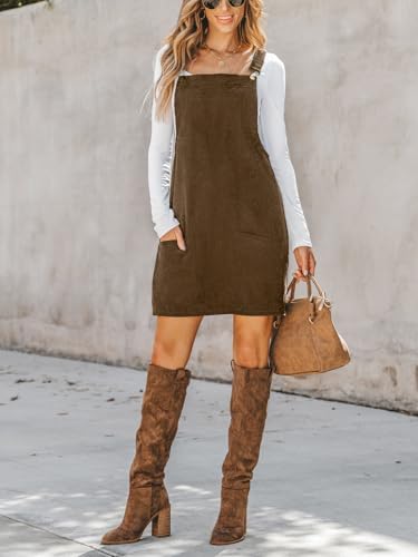Image of CUPSHE Women Corduroy Fall Dresses Front Bib Pocket Square Neck Wide Strap Casual Overall Mini Dress