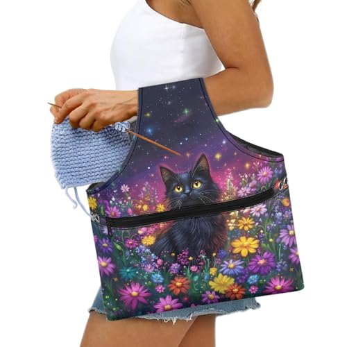 Image of ZUXONGSYBlack Cat Yarn Bags for Knitting Floral Yarn Storage Organizer for Crochet Portable Knitting Project Bag