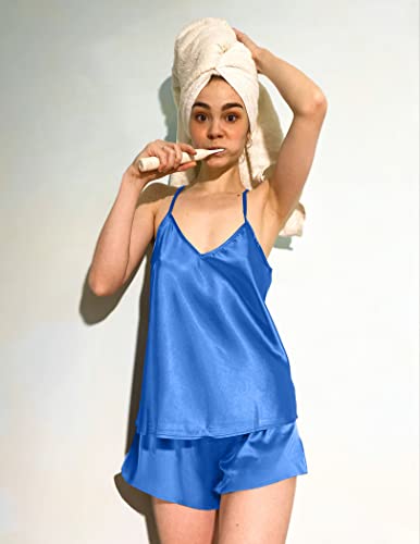 Image of Ekouaer Silk Pajamas for Women Satin Cami V Neck Camisole Shorts Pjs Set | Adjustable Strap Sleepwear Lingerie Sets for Women for Wedding, Party, Home, Daily Wear, Honeymoon