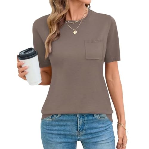 Rapbin Short Sleeve Sweater for Women Spring Summer Knit Tops Crew Neck Casual Lightweight Pullover Sweaters with Pocket