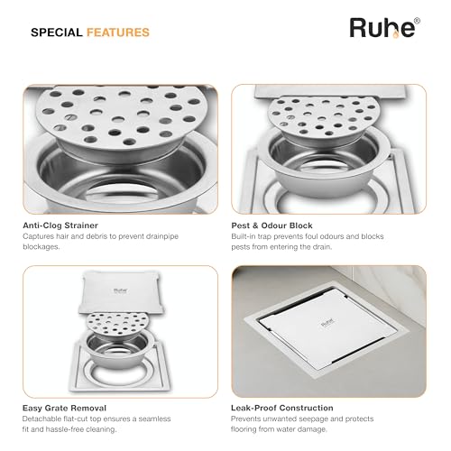 Image of Ruhe Diamond Square Flat Cut Floor Drain | 304-Grade Stainless Steel Floor Drain with Collar & Cockroach Trap (6 x 6 Inches) | Floor Drainer for Bathroom, Balcony
