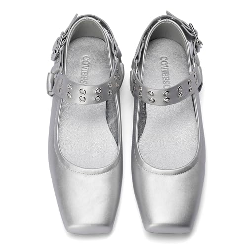 Women's Sliver Black Studded Ankle Strap Square Toe Mary Jane Flats Office, Party, Daily Wear3