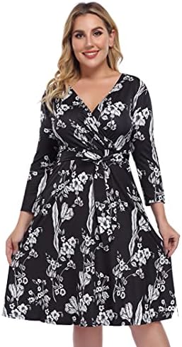 AMZ PLUS Womens Plus Size V-Neck Wrap Floral 3/4 Sleeve A Line Midi Cocktail Party Midi Dress B-Black XL