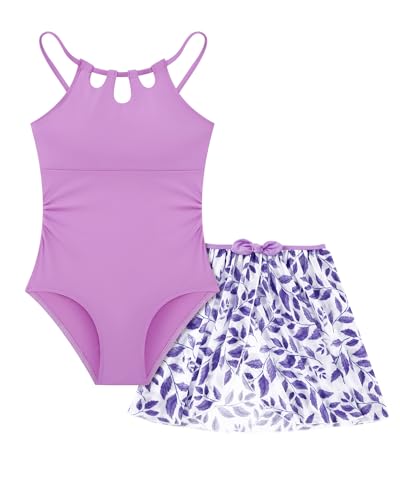 Image of Redair Girls Swimsuit One Piece Swimwear with Tropical Printed Cover Up Skirt Girls Bathing Suits Set 7-16 Years