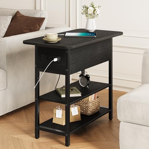Image of Yoobure End Table with Charging Station, Flip Top Side Table with USB Ports and Outlets, Sofa Couch Table Bedside Table for Living Room Bedroom, Narrow Nightstand with Storage Shelves for Small Space