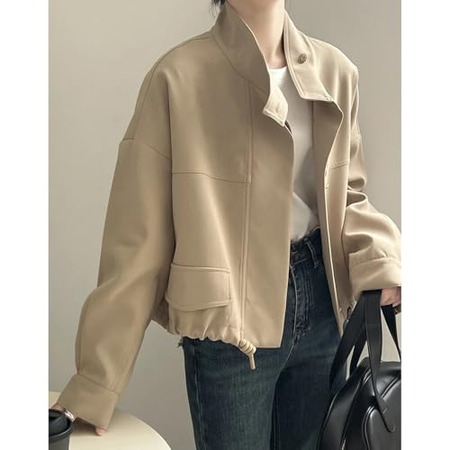 Women's Casual Jacket,Autumn Stand Collar Comfortable Loose Fit Solid Color Short Jacket with Drawstring Hem2