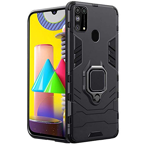 Image of WOW IMAGINE Shock Proof Back Case Mobile Cover for Samsung Galaxy M31 / F41 / M31 Prime (Armor | Hybrid PC + TPU | Full Protection with Ring Holder Kickstand | Carbon Black)