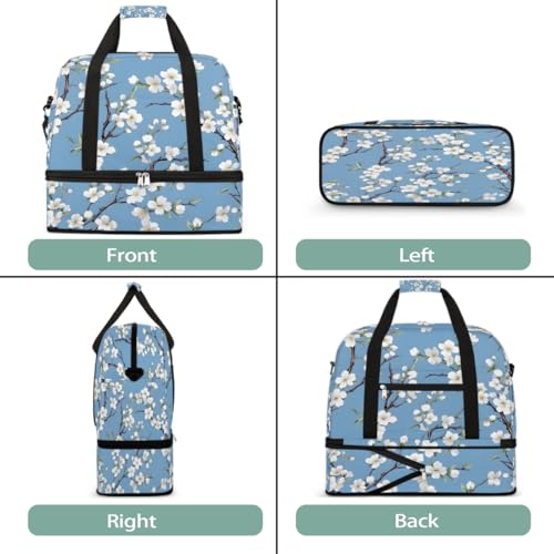 Foldable Carry On Bag for Travel, Expandable Duffle Bag with Shoe Compartment, Flower Floral White Cherry Blossom Lightweight Sports Gym Tote with Trolley Sleeve3
