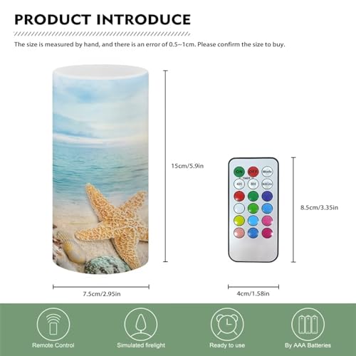 Image of Flameless Candle Electric LED Lights with Dancing Flame, with Timer Remote 12 Color Lights, 3 AAA Batteries Operated (Not Include), for Beach Indoor Home Decor, Coastal Starfish Blue Sea