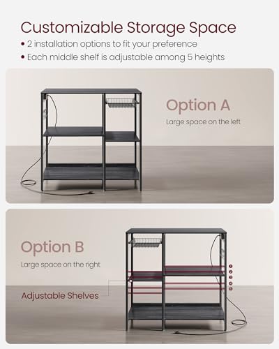 Image of VASAGLE Baker's Rack, Coffee Bar Stand with Charging Station, 35.6 Inches Tall, Storage Shelves, Pull-Out Wire Basket, Table for Microwave, Kitchen, Charcoal Gray and Ink Black UKKS036B22
