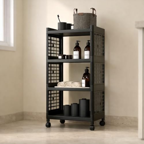 4 Tier Plastic Storage Trolley with Wheels | Multipurpose Organizer Rack for Bathroom, Kitchen, Laundry & Office | Space...