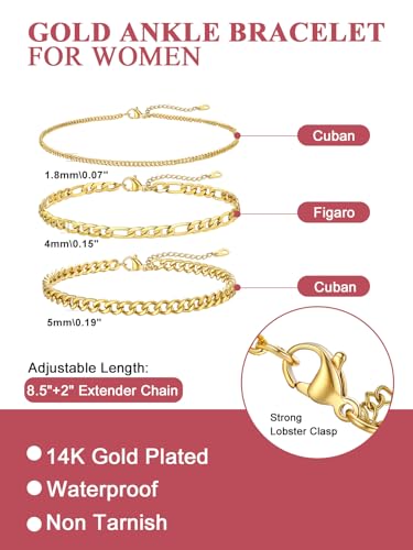 Image of FOCALOOK Anklet Bracelets Set for Women, 14K Gold Plated Waterproof Cuban Link Chain Layered Anklets Set for Plus Size Ankle 8-10.5 Inch Adjustable Summer Beach Jewelry Gift