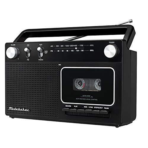 Studebaker Portable Retro Home Audio Stereo AM/FM Radio & Cassette Player/Recorder with Aux Input Jack & Built in Speakers (Silver)