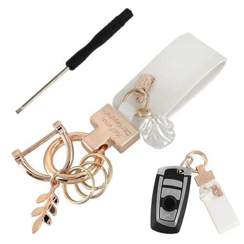 TIESOME Car Keychain, Universal Leather Key Fob Holder Car Metal Key Chain Accessories Cute Shell Keyrings with 360°Rotatable Swivel Anti-Lost D-Ring 3 Keyrings 1 Screwdriver for Men Women(White)