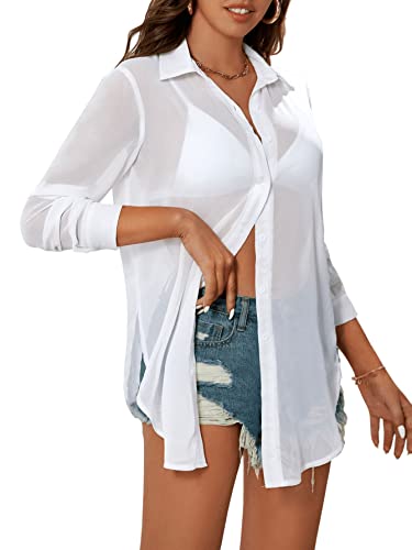 SweatyRocks Women's Long Sleeve See Through Button Down Shirt Slit Mesh Blouse Top4