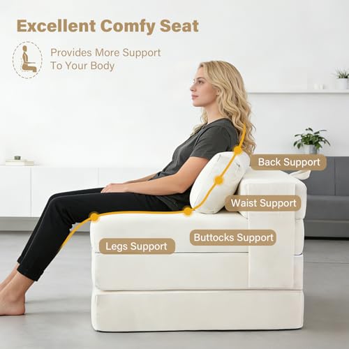 Image of Tiita Folding Sofa Bed Chair, 4-Fold Convertible Sleeper Chair with Lumbar Pillow, Washable Cover & Side Pocket, Floor Couch Bed with Raised Seat, Single Size for Small Spaces, Beige
