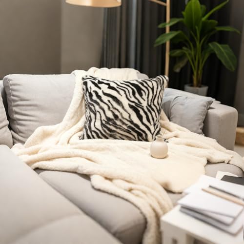 Image of Black White Square Pillow Cover Soft Fluffy Fuzzy Faux Fur Zebra Stripe Throw Pillows Modern Decorative Accent Cushion Covers Pillowcase for Couch Sofa Living Room Bedroom, 18x18