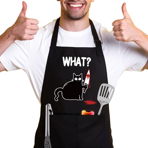 DLTRXMY What? Funny Chef Apron,Funny Aprons for Women Men with 2 Tool Pockets,Waterproof and OilProof,Cat Chef Apron,Cat Lover Gift,Fun BBQ Baking Grilling Kitchen Apron