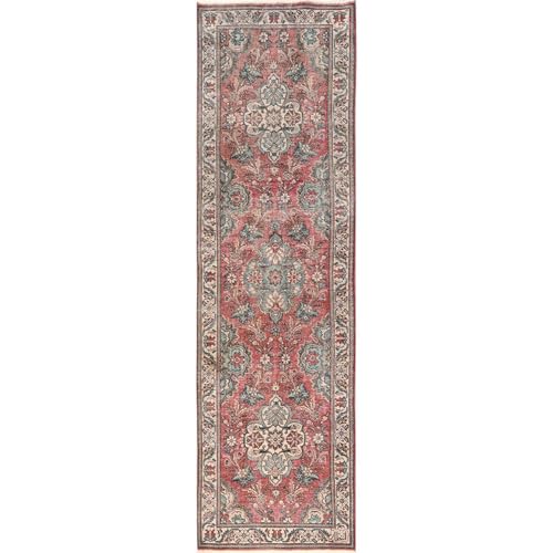 Shahbanu Rugs Vintage Hand Knotted Oriental Runner Rug, Blush Red