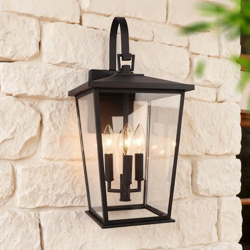 Image of Kalium Modern Outdoor Wall Sconce Fixture 20 1 /2 inch, Matte Black, 3-Light Exterior Wall Mount Lighting with Clear Glass Panels for House Porch Patio Outside Deck Garage Yard Front Door Garden Home