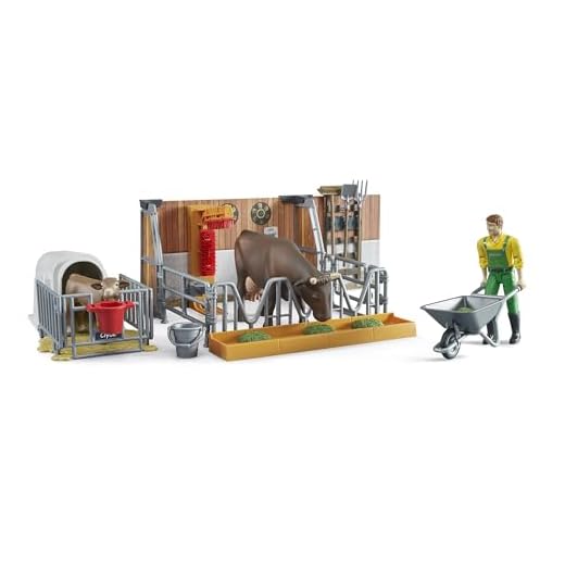 bruder 62611 - Bworld Kuh- und Kälberstall mit Landwirt & Zubehör - 1:16 Bauernhof Landwirtschaft Bauer Stall Stier Tiere Spielzeug