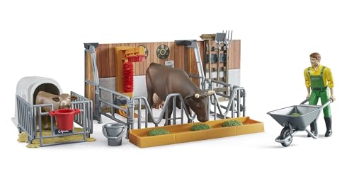 bruder 62611 - bworld Étable pour vaches et veaux avec fermier et accessoires, ferme, étable, animaux