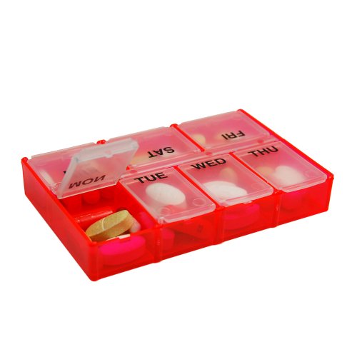 7 Day Pill Box Organizer Peek-a-box 7 Compartments Color Transparent Red- Made in the Usa