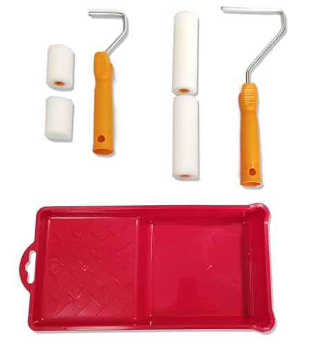 Quercos. Kit para Pintar 7 Piezas - 4 Recambio Rodillo Espuma 2 x 11cm y 2 x 5cm con Sus Mangos, y Bandeja - para Pintar Metal o Madera - Rodillo Pintura Pequeño – Rodillo para Pintar. (Pack 5)