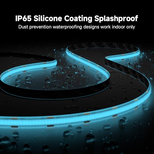 Image of BTF-LIGHTING FCOB IP65 Waterproof Ice Blue Color COB LED Strip 16.4FT DC24V 480LED /m 8mm Width Flexible High Density CRI 90+ Dimmable LED Light for Home Indoor Decor(No Controller or Adapter)