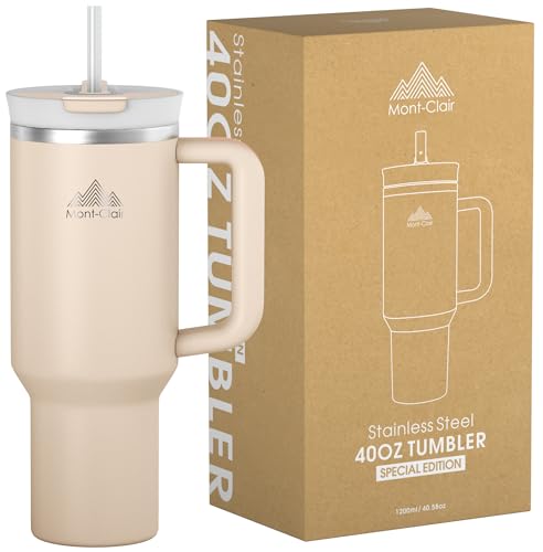 Mont-Clair Tumbler 40oz - Taza Termica Cafe para llevar con Pajita y Tapa - Vaso Termico Acero Inoxidable con Asa - Hermético - Fría durante 10 horas - Helada durante 48 horas - 1200ml - Cuarzo Rosa