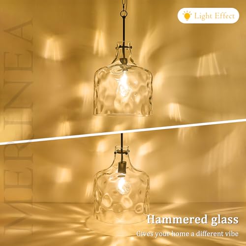 Image of 12 inch Black Farmhouse Pendant Light, Clear Hammered Glass, E26 Hanging Light | Hand-blown hammered glass pendant light with adjustable chain, E26 socket, ideal for kitchen islands and dining rooms