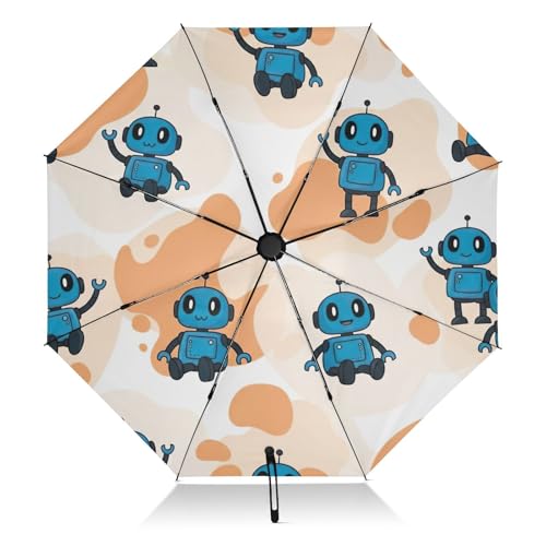 Bonito paraguas de viaje con diseño de robots de dibujos animados azules, resistente al viento, ligero, duradero, cierre automático para mujeres, paraguas de viaje para lluvia y sol