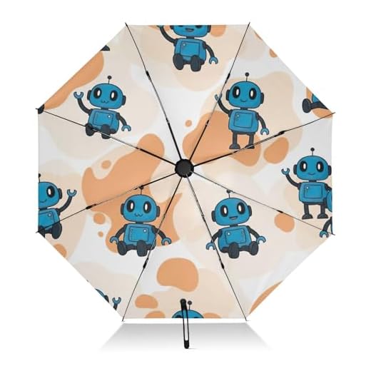 Bonito paraguas de viaje con diseño de robots de dibujos animados azules, resistente al viento, ligero, duradero, cierre automático para mujeres, paraguas de viaje para lluvia y sol