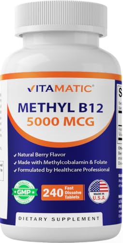 Vitamatic Methyl B12 5000 mcg with Folic Acid Natural Berry Flavor 240 Fast Dissolve Tablets Methylcobalamin Vitamin B12 for Energy & Nervous System Support Vegan & Non-GMO Supplement