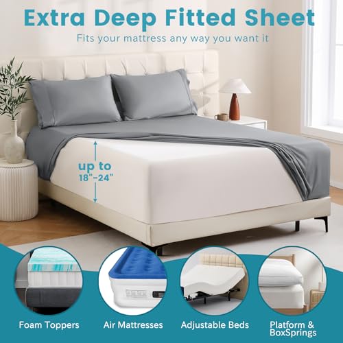 Bedlifes California King Sheet Set, Extra Deep Pocket 18-24 Inches, 1000Thread Count 100% Egyptian Cotton, Soft and Breathable 4-Piece,Grey