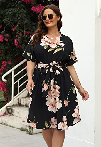 Nemidor Plus Size Casual Dresses for Curvy Women Summer Boho Floral Print Swing Midi Dress with Pockets 14-264