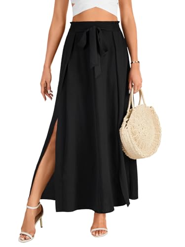 LYANER Women's Tie Knot Front Side Split Pleated A line High Waist Flowy Boho Long Skirt2