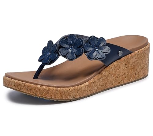 Skechers Women's ARCHFIT BEVERLEE - RARE BLOSSOM, Floral Applique Thong, Navy, 13M