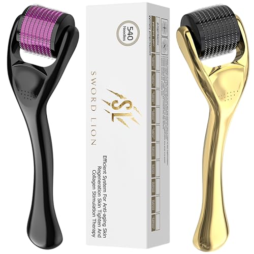 Derma Roller Microneedle Roller for Face 0.5mm 540 Titanium Micro Needling Rollers for Men and Women - Microneedling Roller for Face & Scalp Safe & Easy to Use Pack of 2 Gold/Black