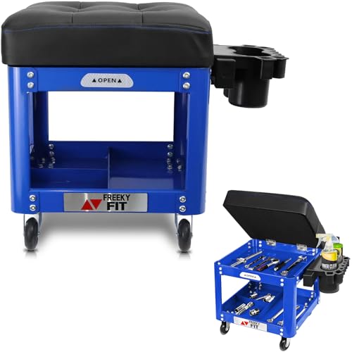 Image of Rolling Creeper Garage Shop Seat for Men, Padded Mechanics Stool with Tool Tray Storage for Garage, Rolling Workshop Stool with Wheels, Auto Creeper Seat, 330 LBS Capacity, Heavy Duty, Blue