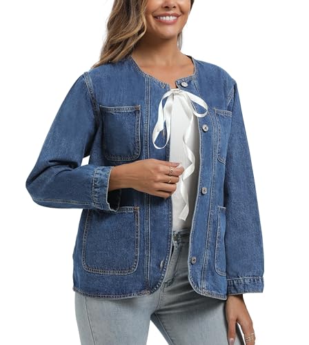 Ladyful Womens Collarless Denim Jacket Trendy Long Sleeve Jean Jacket Casual Button Down Denim Shacket4