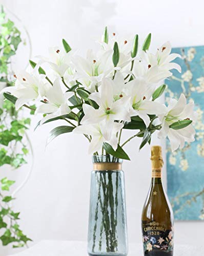 Lnhomy 6 Pack Artificial Lily Flowers Full Bloom Fake Latex Real Touch Artificial Flower Bouquets With 3 Heads Wedding Party Decor Home Decor, (White) #TOP2