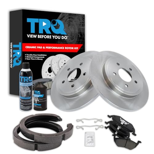 Image of TRQ Brake Pad & Rotor Kit, with Chemical Kit Parking Brake Shoe Set Ceramic Compatible with 2008 Mazda Tribute