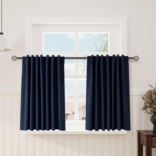 Image of Navy Blue 100% Blackout Linen Curtains for Bedroom 45 Inches Long Back Tab Thermal Insulated Modern Luxury Nautical Decor Black Out Curtain for Living Room Dining Room Drapes 52x45, 2 Panels