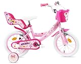Vélo 14'' Fille Licence Minnie de Disney   2 Freins Caliper   Pneus Gonflables   Panier Avant   Porte poupée arrière   Garde Boue et 2 Stabilisateurs, Rose