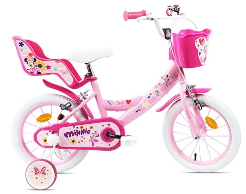 Vélo 14'' Fille Licence Minnie de Disney - 2 Freins Caliper - Pneus Gonflables - Panier Avant - Porte-poupée arrière - Garde-Boue et 2 Stabilisateurs, Rose