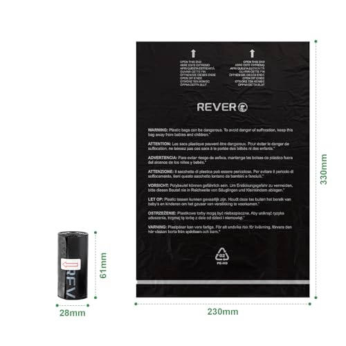 REVER GH50, 300 Stück Hundekotbeutel, Extra Stark Kotbeutel für Hunde, Parfümfrei, 33 x 23 cm, Schwarz (20 Rollen, 15 pro Rolle)