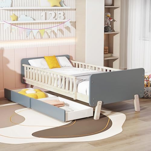Doyisy Cama infantil 90 x 190 con 2 cajones, cama individual de madera maciza con somier (gris)