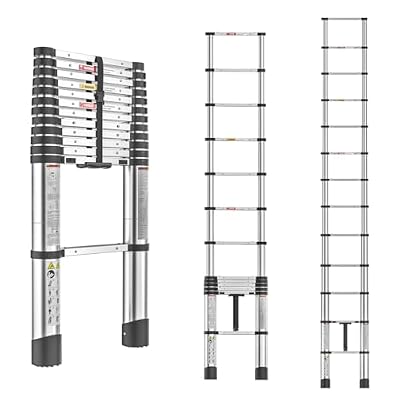 Evastar Telescoping Ladder, 12.5FT One-Button Slow Retraction Extension Ladder, Compact Aluminum Telescopic Ladder,330 LBS Max Capacity with Non-Slip Feet, Ideal Ladders for Home, RV, Attic-Silver