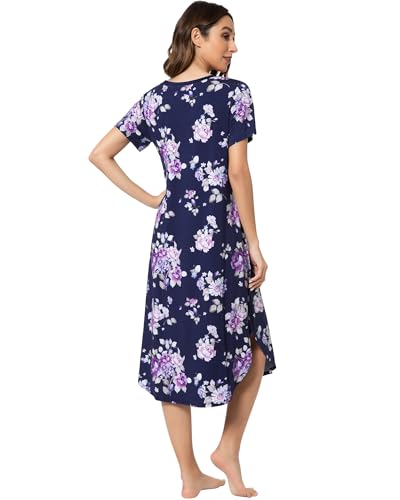 Image of NACHILA Nightgowns for Women-Viscose Made from Bamboo, V Neck Sleepshirts Short Sleeve Sleepwear Cool Nightshirt